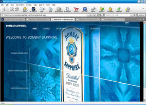screenshot of Bombay Sapphire Gin, image of bottle on blue background