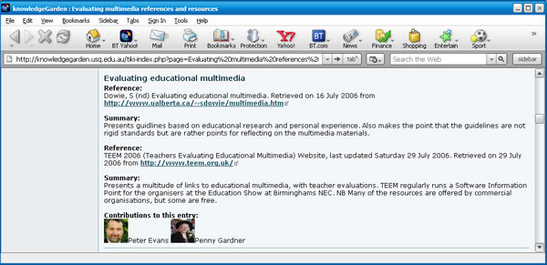 screenshot of extract from knowledgeGarden page on evaluating multimedia references and resources